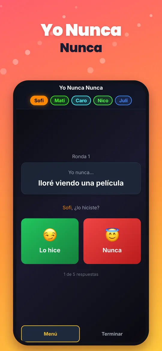 Pantalla de Yo Nunca Nunca